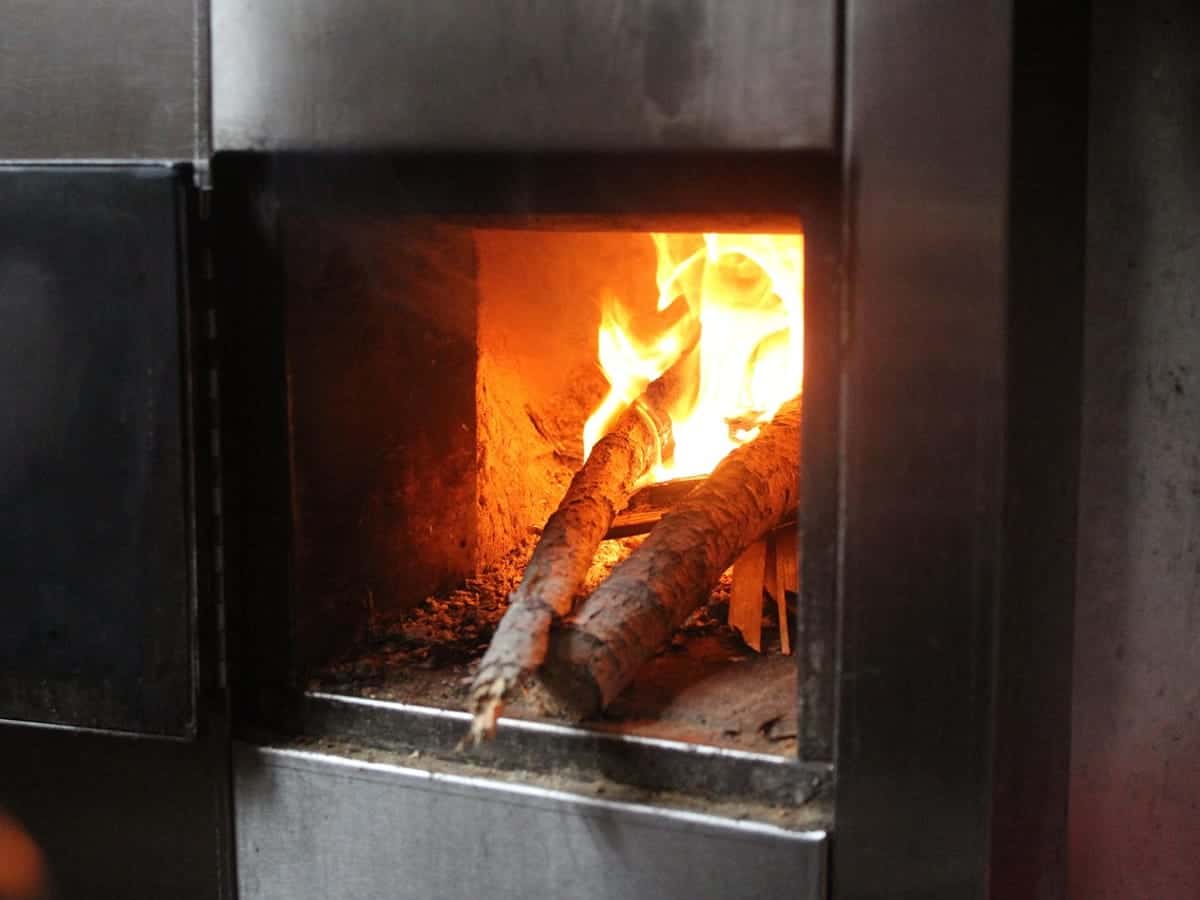 Fire burning in a home wood furnace